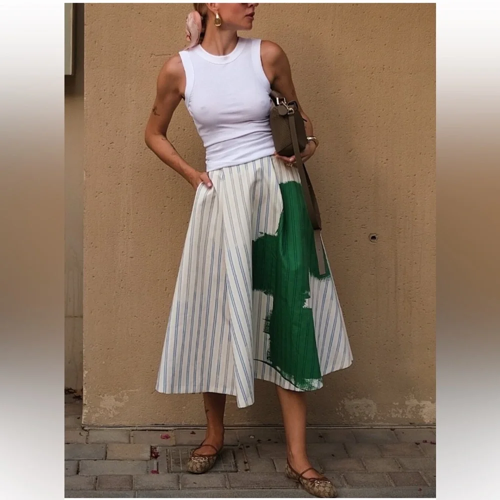 ZARA WOMAN MID-RISE MIDI STRIPED PRINT FULL SKIRT sz. XS